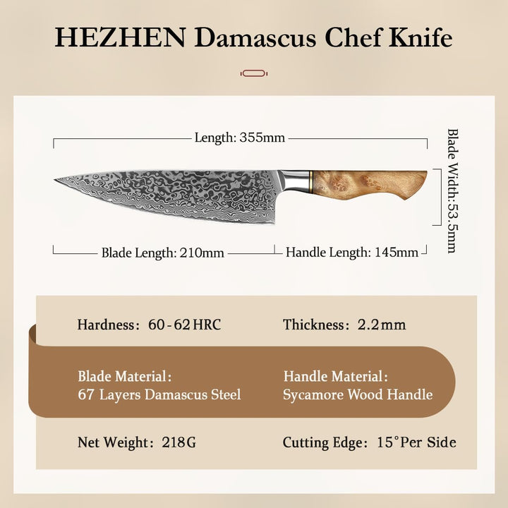 HEZHEN Kochmesser-Professional-21cm Damaststahl, Küchenmesser VG10 Hochwertiges Kochwerkzeug der Gyu
