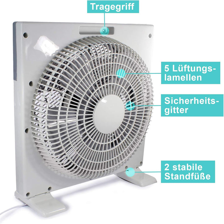 Eaxus® Tischventilator - Kraftvoller 45W Box Ventilator Fan mit Timer & 3 Geschwindigkeitsstufen
