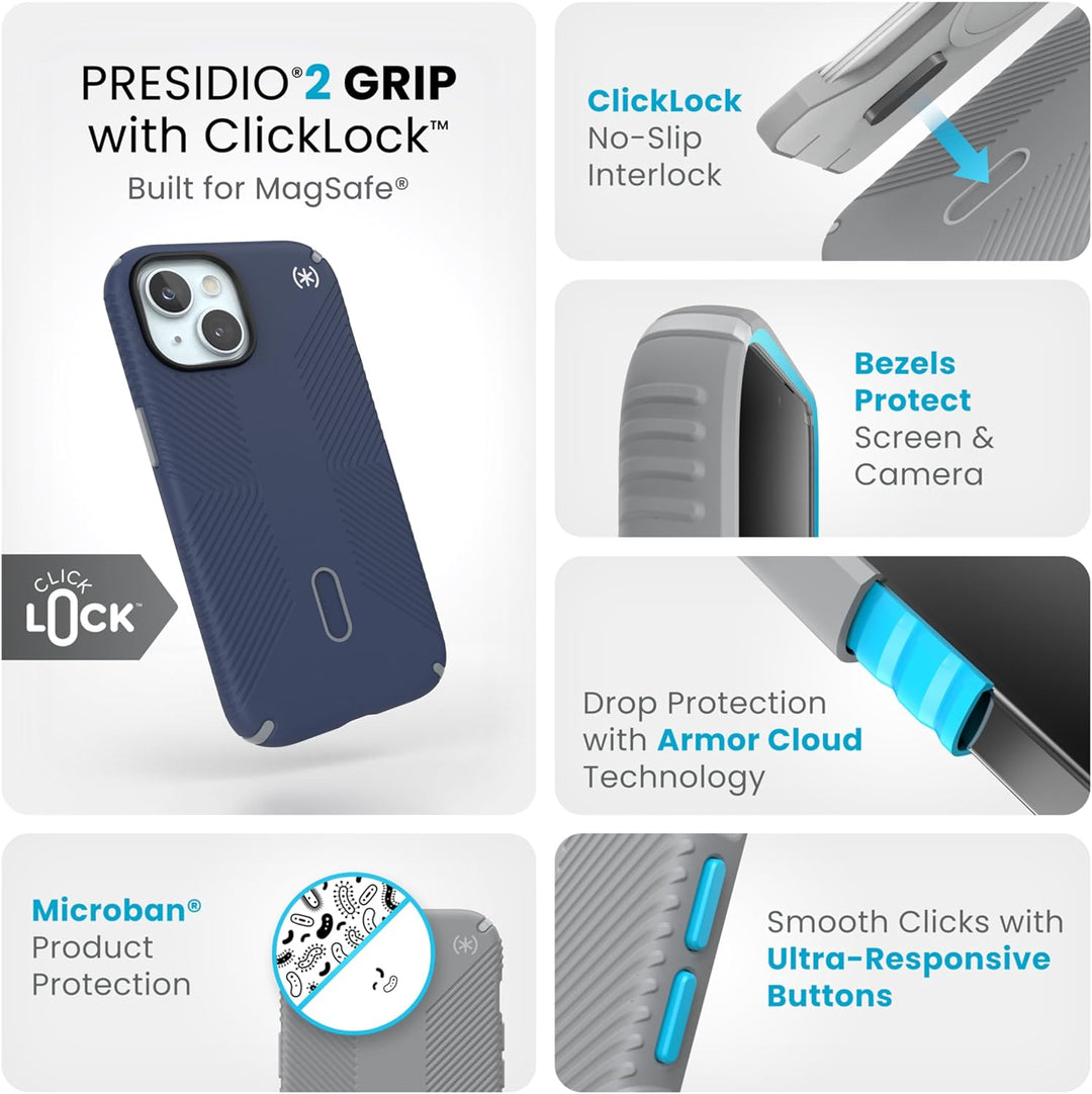 Speck iPhone 15 Hülle – ClickLock rutschfeste Interlock, gebaut für MagSafe, Fallschutzgriff – für i