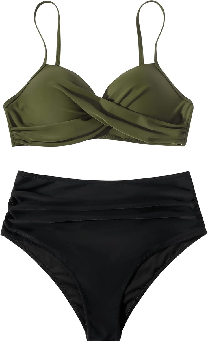 RXRXCOCO Damen Wickel Push Up Bikini Oberteil Bauchweg High Waist Bikini Set Bademode XL Armeegrün S