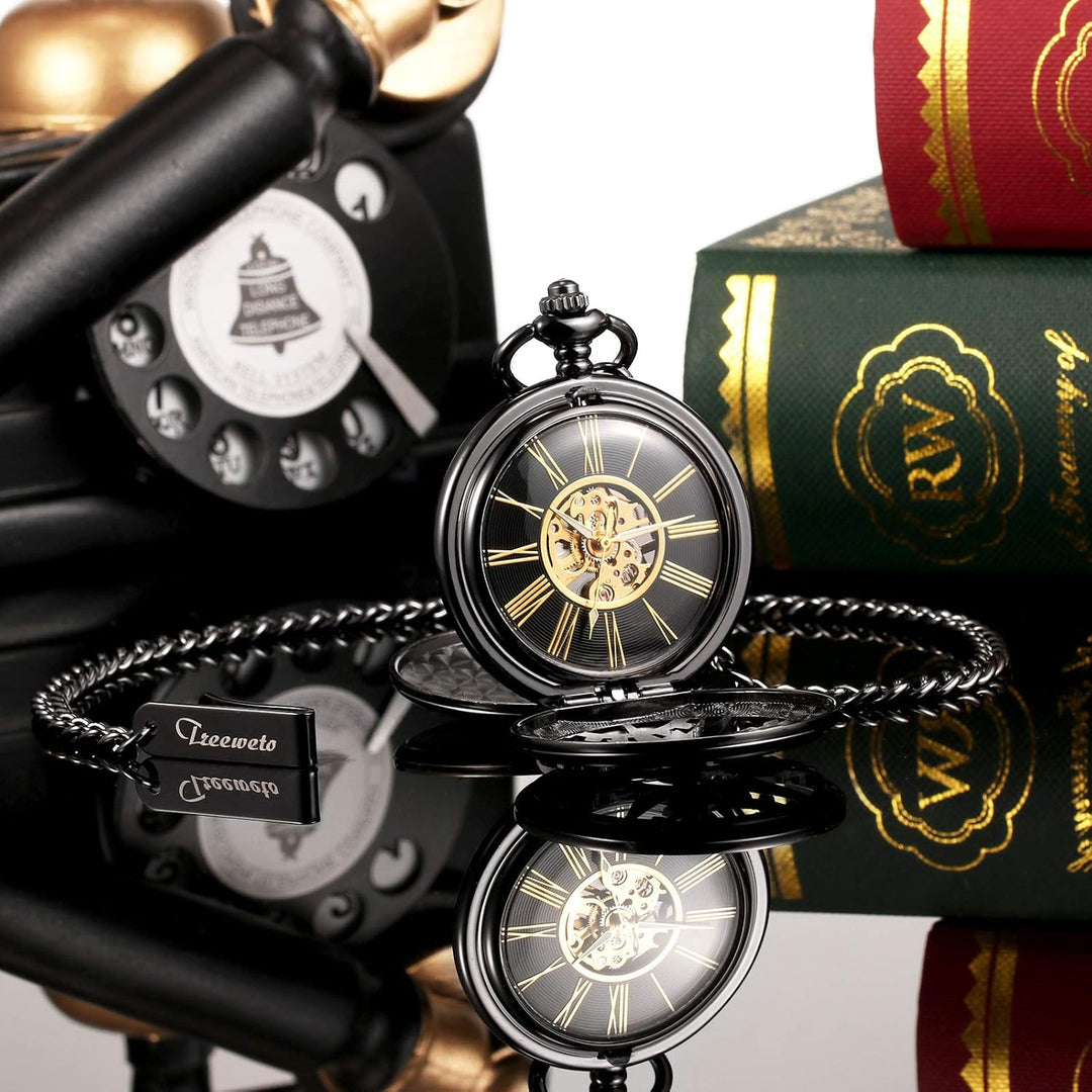 TREEWETO Unisex Taschenuhr mit Kette Analog Handaufzug Doppelscharnier Mechanisch Getriebe Skelett F