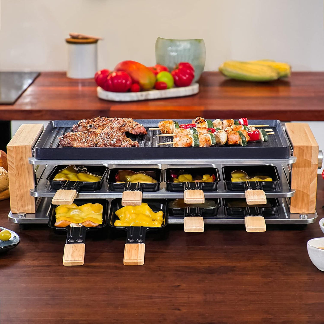 COKLAI Raclette grill 8 Personen mit 2 in 1 Antihaftbeschichtung Grillplatte, Partygrill für 8 Perso
