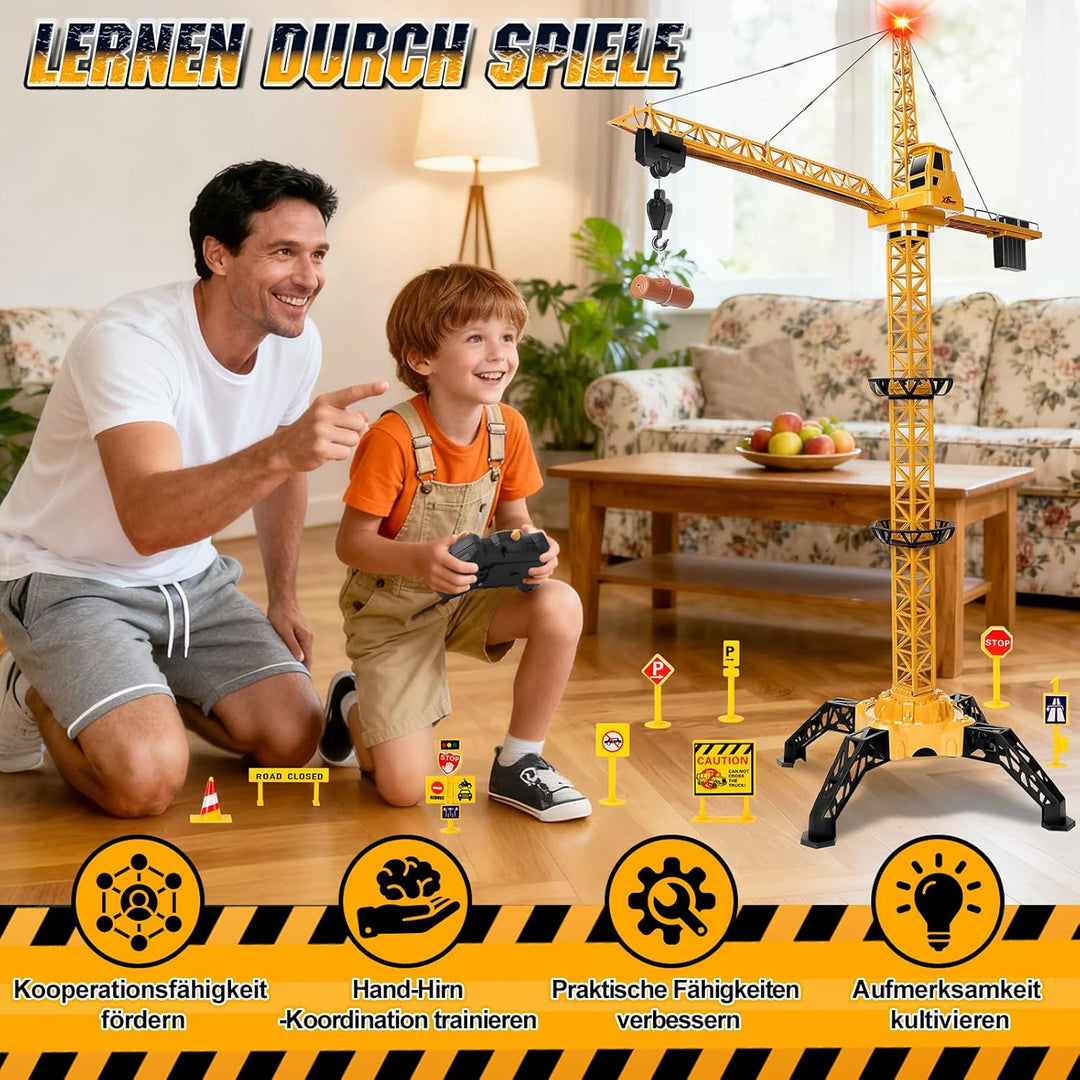 Herenear Ferngesteuerte Kran Spielzeug, 140 cm Hohe Spielzeug Kran Mit Hebehaken, 360° Drehung, Lich