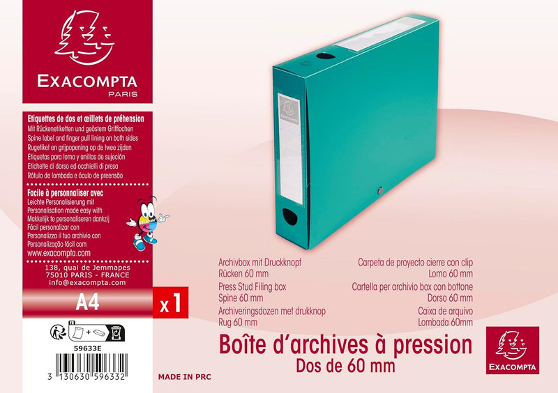 Exacompta 59633E Packung (mit 10 Archivboxen aus PP, mit Druckknopf, Rücken 60mm, DIN A4, mit Rücken