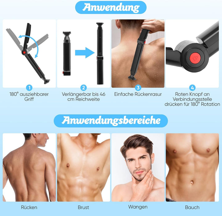Rückenrasierer für Männer, Körpertrimmer Elektrischer mit 2 abnehmbare Scherköpfe & Ergonomischer Ar