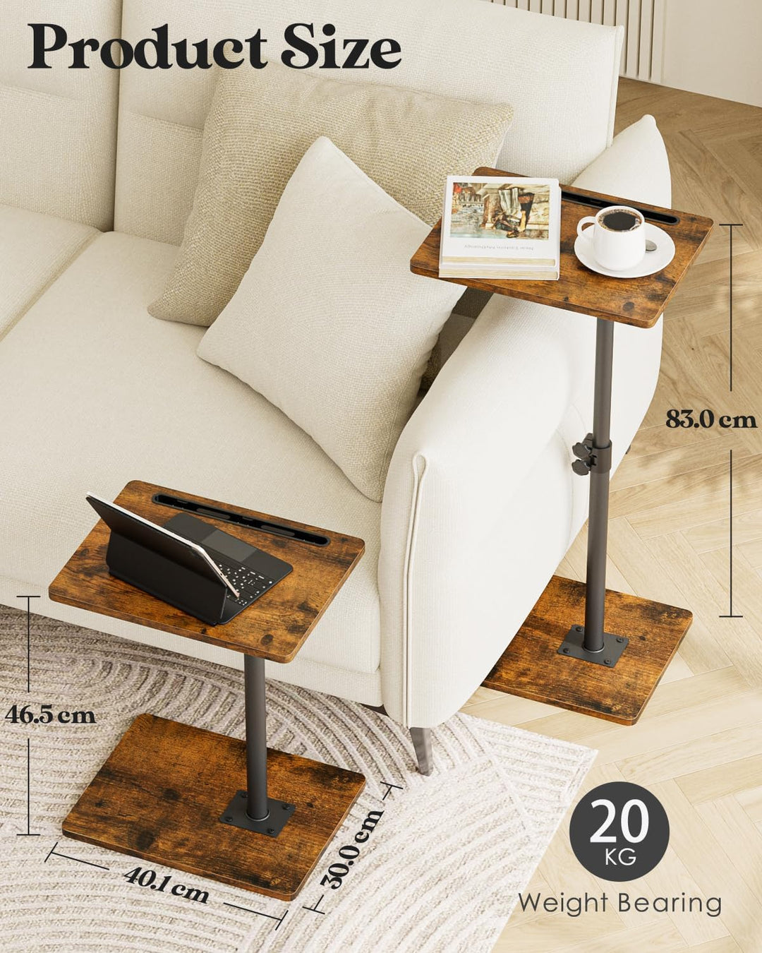 Beistelltisch C-Form, 360°Rotierend Couchtisch Klein, Höhenverstellbar Sofatisch,40x30x(45-81) cm,Ho