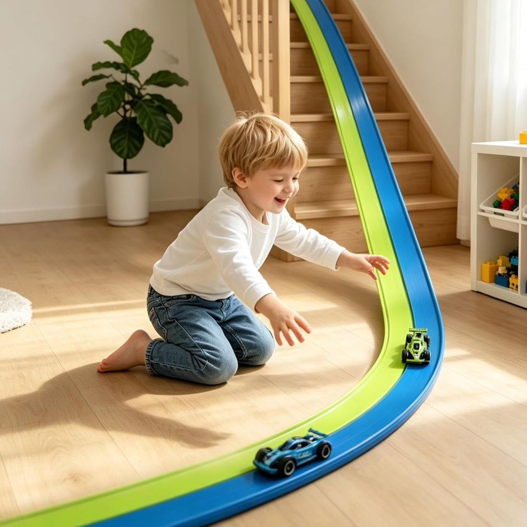 Flexible Autorennbahn Kinder 5 Meter Rennbahn Rennstrecke Auto Spielzeug mit 4 Spielzeugautos 2 Ramp