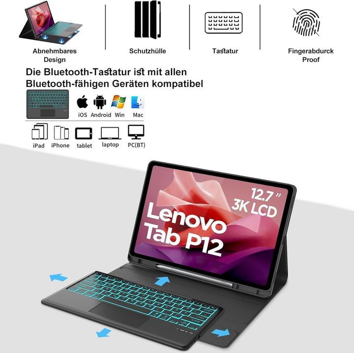 FOGARI Tastatur Hülle für Lenovo Tab P12 12.7" 2023, Multi Touch Trackpad, 7 Farben Tastatur mit Mag