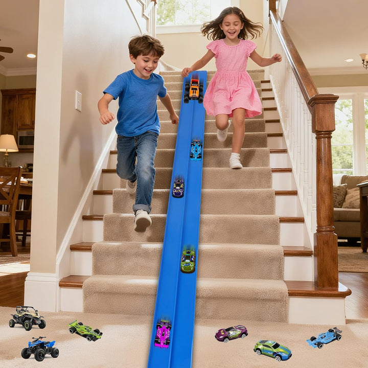 Autorennbahn 4.5M Rennbahn Kinder, Rennstrecke Auto Spielzeug mit 4 Autos und Aufbewahrungstasche, D