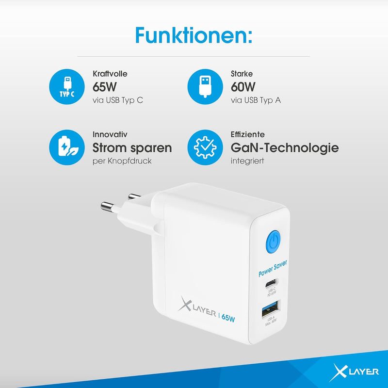 XLayer Power Saver 65W USB C Ladegerät PD Netzteil Knopfdruck Schnellladegerät mit Strom-Stopp-Funkt