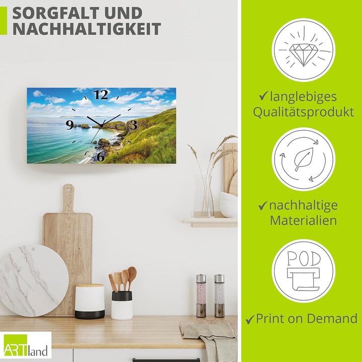 ARTLAND Wanduhr ohne Tickgeräusche Alu Quarzuhr lautlos 50x25 cm Rechteckig Landschaftsbilder Natur