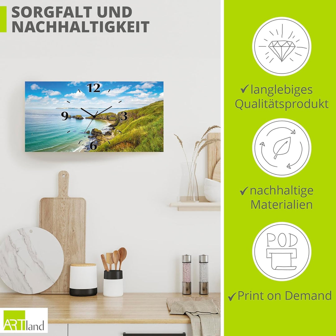 ARTLAND Wanduhr ohne Tickgeräusche Alu Quarzuhr lautlos 50x25 cm Rechteckig Landschaftsbilder Natur