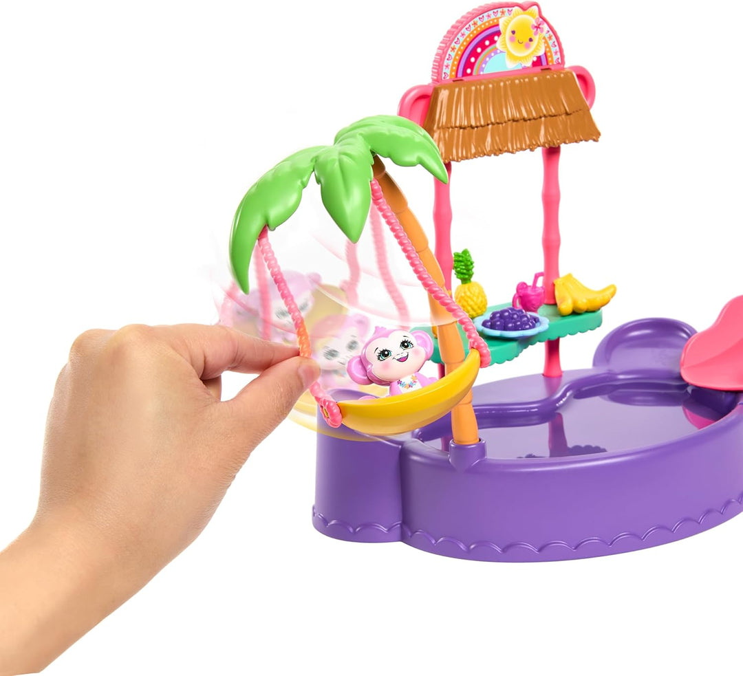 Enchantimals-Puppe und Zubehör, Affen-Swimmingpool-Spielset, Puppe und Beste Tierfreund-Figur, Rutsc