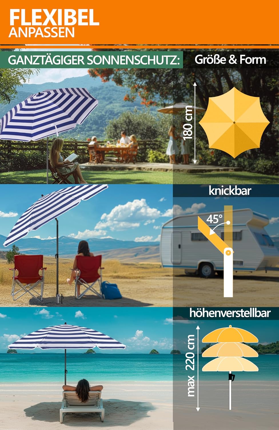 4smile Sonnenschirm Strand mit Eindrehbodenhülse Set, Ø 180 cm, Blau-Weiss | Strandschirm windfest s