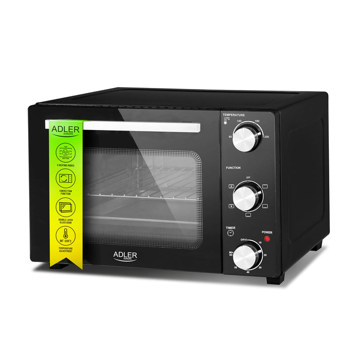 ADLER EUROPE AD 6024 Mini Elektrischer Ofen 22L, Minibackofen mit Umluft, Timer, Ideal für Camping