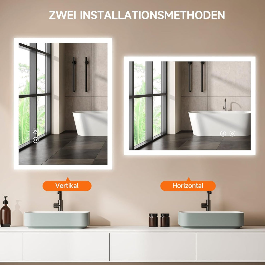 YOLEO Badspiegel mit Beleuchtung, LED Spiegel mit Bluetooth-Lautsprecher, Wandspiegel mit Steckdose,
