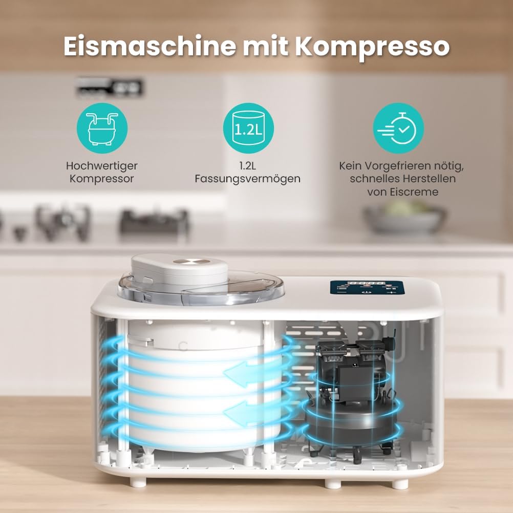 Acmeenjoy Eismaschine mit Kompressor 1,2L, Eismaschine Selbstkühlend 110W, mit Entnehmbarem Eisbehäl