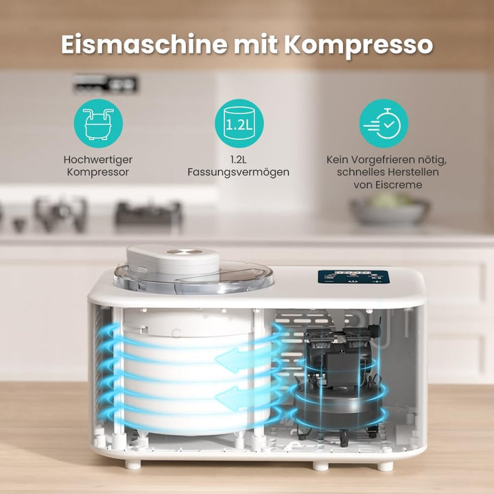 Acmeenjoy Eismaschine mit Kompressor 1,2L, Eismaschine Selbstkühlend 110W, mit Entnehmbarem Eisbehäl