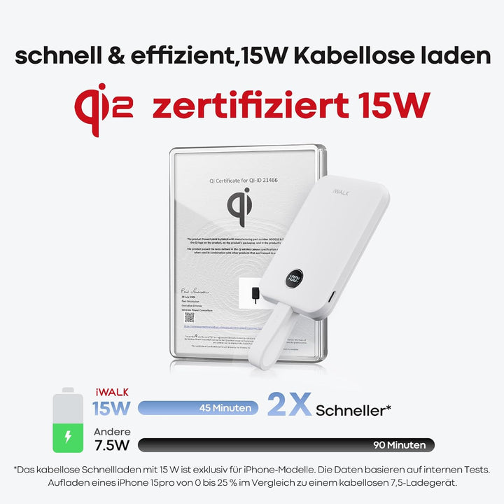 iWALK Mag Safe Wireless Power bank 10000mAh, Qi2 Zertifizierte 15W, 30W Schnellaufladung mit LED und