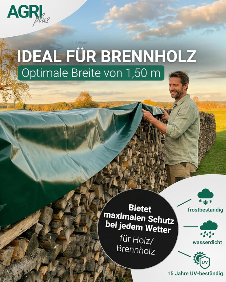 AGRI plus Holzabdeckplane Verschiedene Abmessungen I 1,5 x 10 m auf Rolle I Stabile 900 g/m² PVC Gew