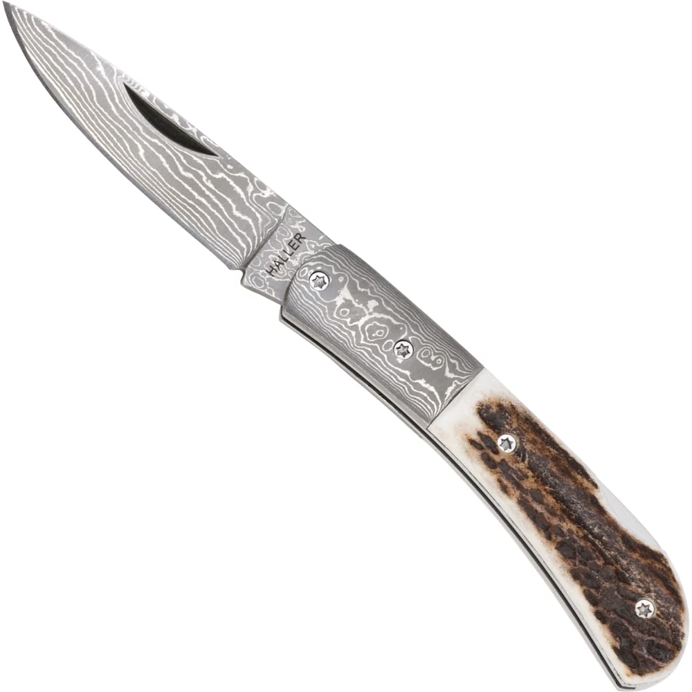 Haller Unisex – Erwachsene Damast-Taschenmesser Hirschhorngriff, braun, one Size