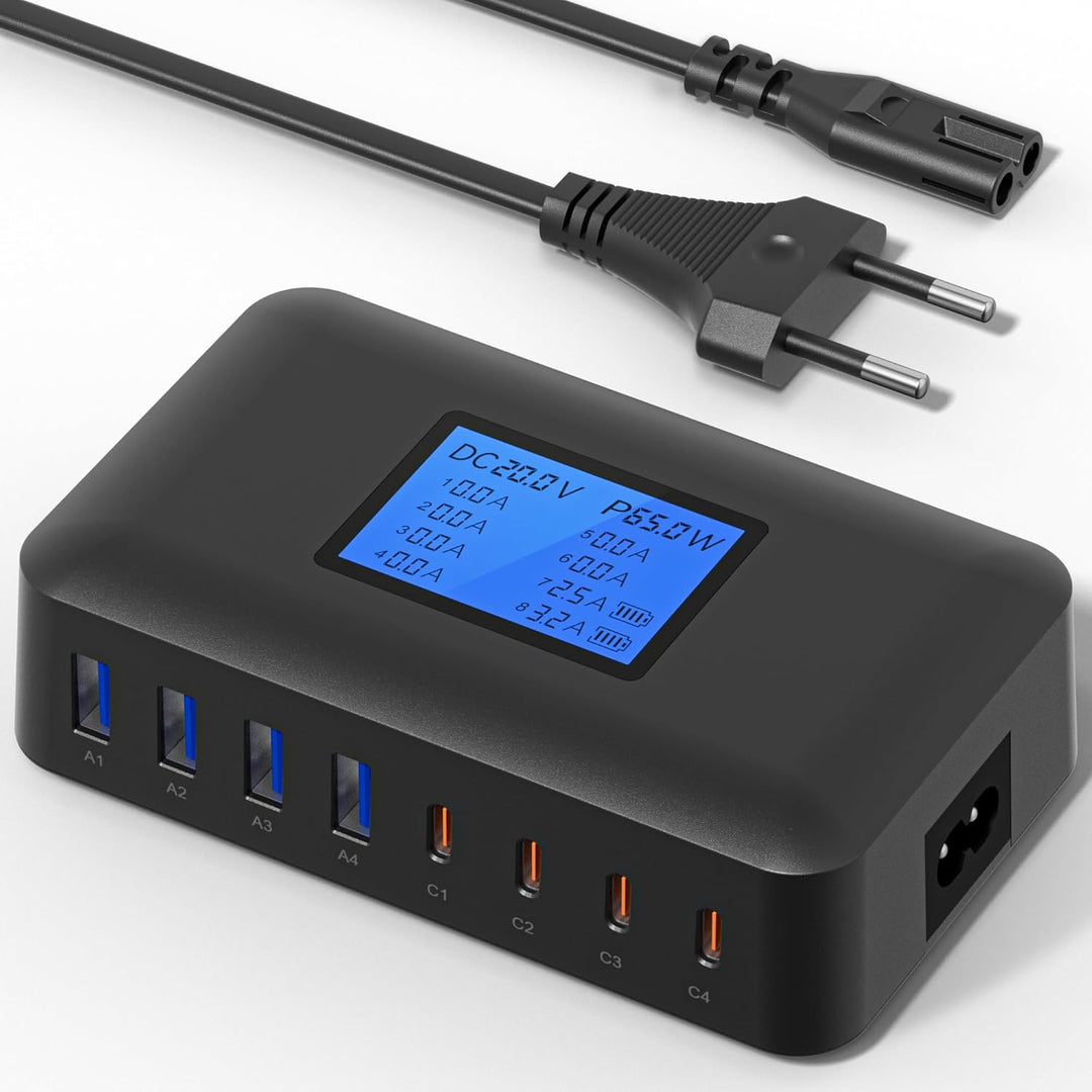 200W USB C Ladegerät Mehrfach – 8-Port USB C Netzteil, USB Ladestation mit LCD Bildschirm, PD 65W Sc