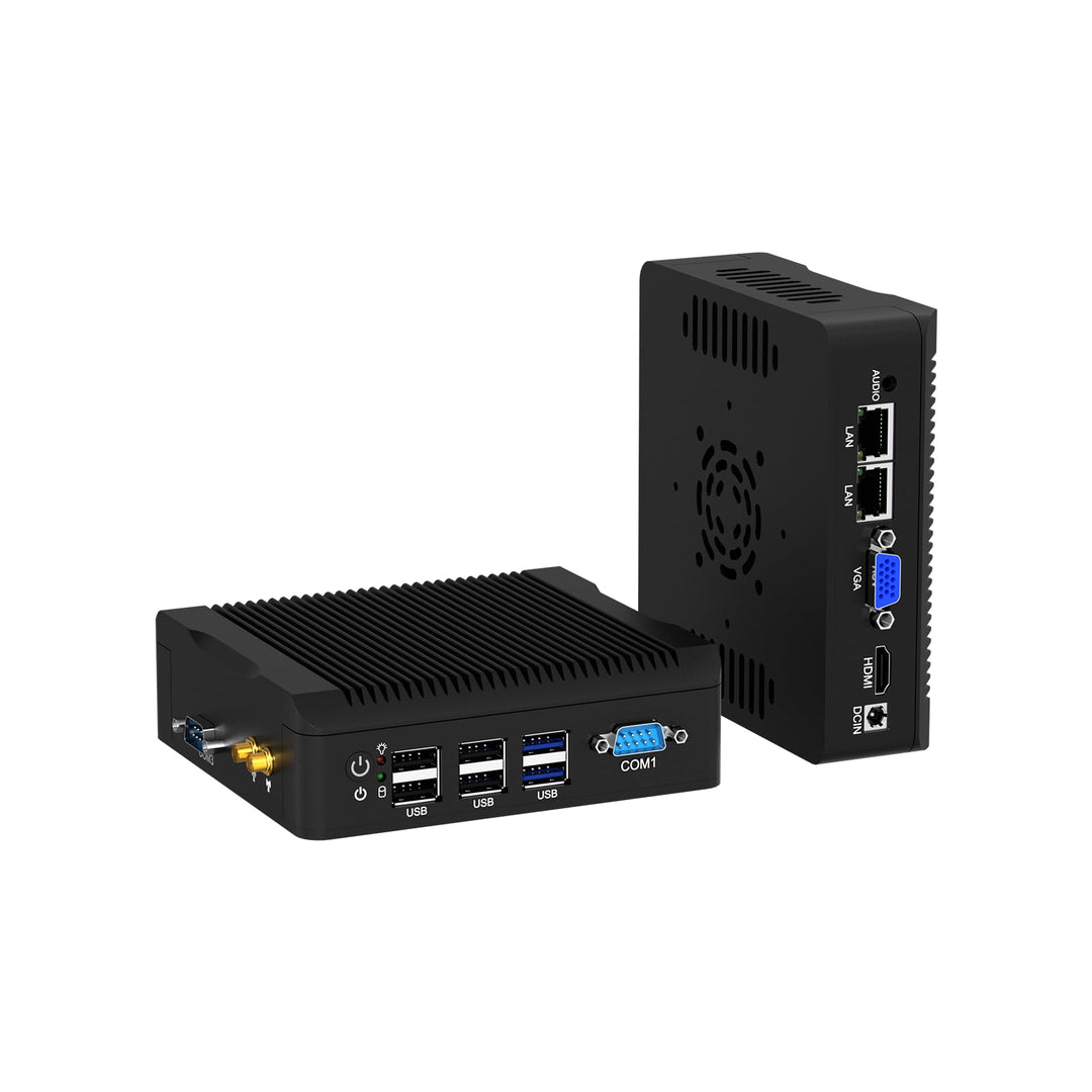 Lüfterloser Industrie Mini PC mit Celeron N2940, 8GB DDR3 RAM, 128GB SSD, Dual LAN, 6 USB, HDMI, VGA
