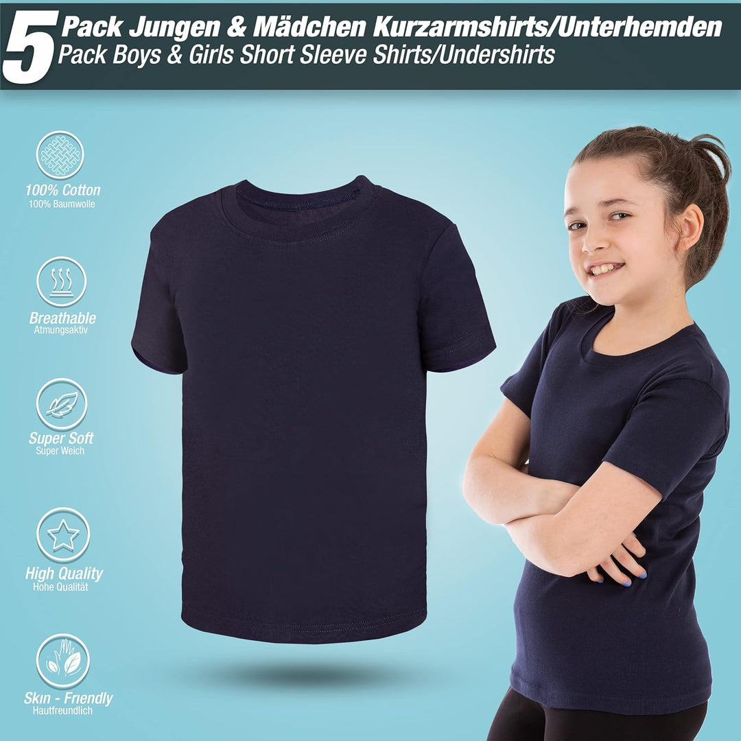 LOREZA ® 5er Pack Kinder Jungen Mädchen Unterhemd Kurzarm T-Shirt 100% Baumwolle Feinripp Unisex 116
