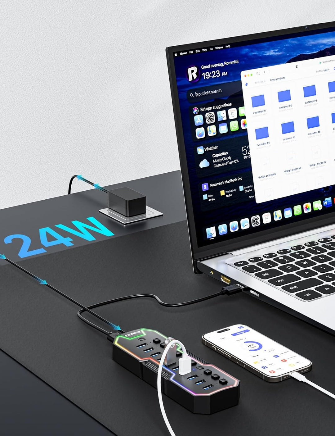 Powered USB Hub, 10 Ports USB 3.0 Hub mit RGB LED Strip und 12V/2A Power Adapter USB Erweiterung für