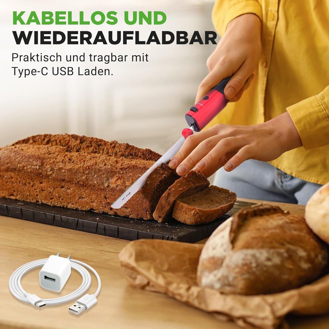 NutriChef Elektrisches Küchenmesser – Akku-Messer mit Edelstahlklingen, USB-C, Rot Für Truthahn, Fle