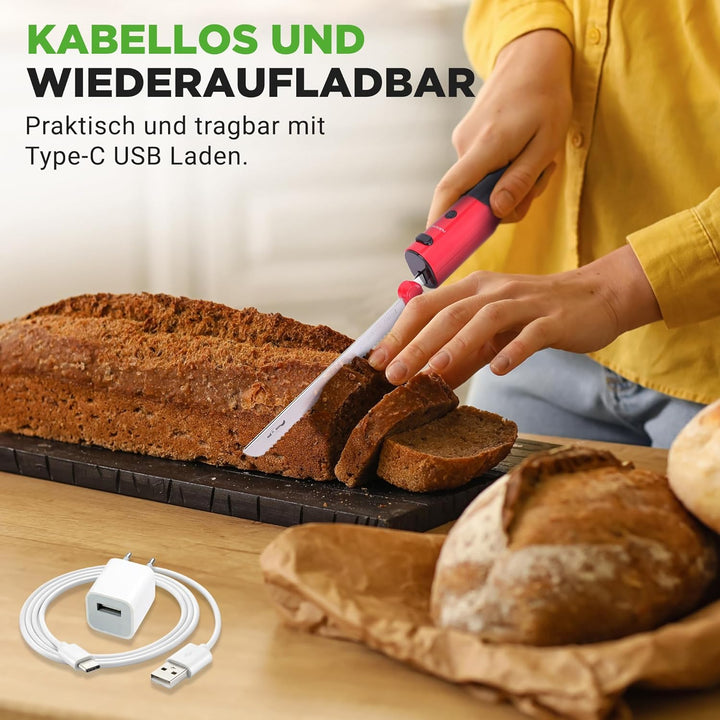NutriChef Elektrisches Küchenmesser – Akku-Messer mit Edelstahlklingen, USB-C, Rot Für Truthahn, Fle