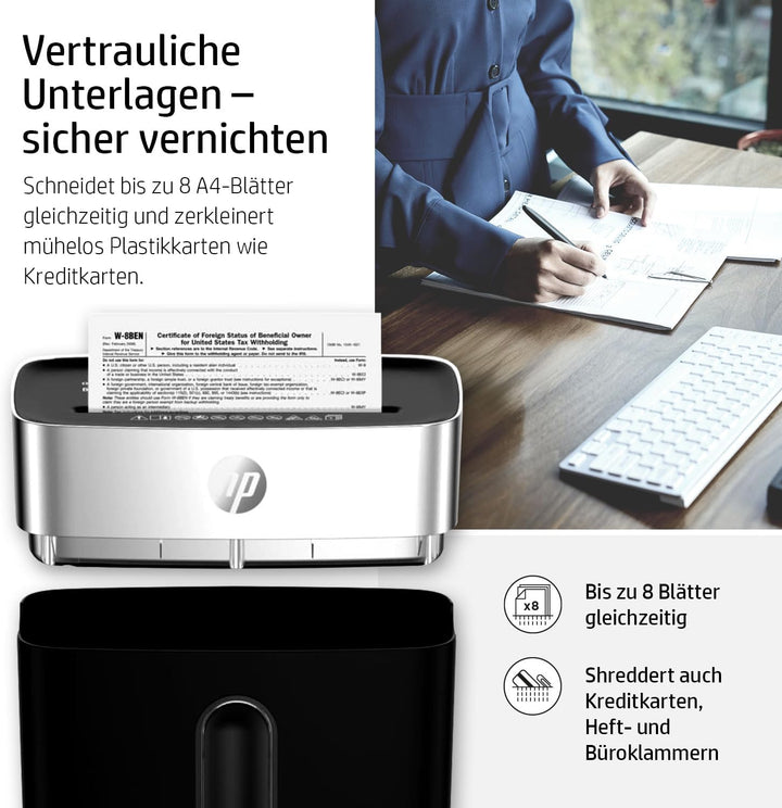 HP OneShred 8CC Black, Aktenvernichter, Sicherheitsstufe P-4, Cross Cut, 8 Blatt, 2826, schwarz/Silb