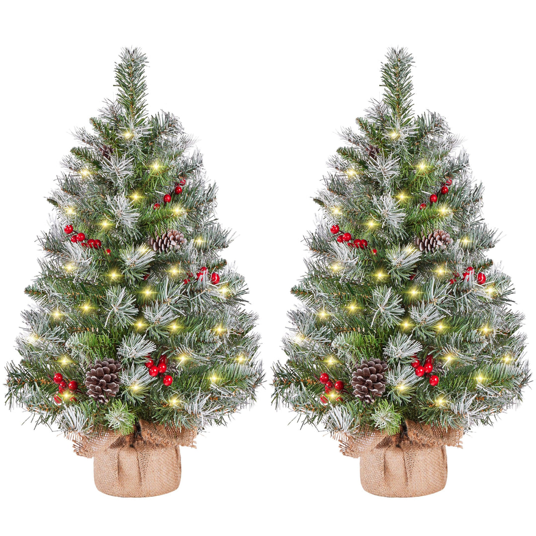 Yaheetech 2 Stück 98 cm Mini Künstlicher Weihnachtsbaum mit Schnee inkl. 50 Warmweiss LED &amp; 70 Roten