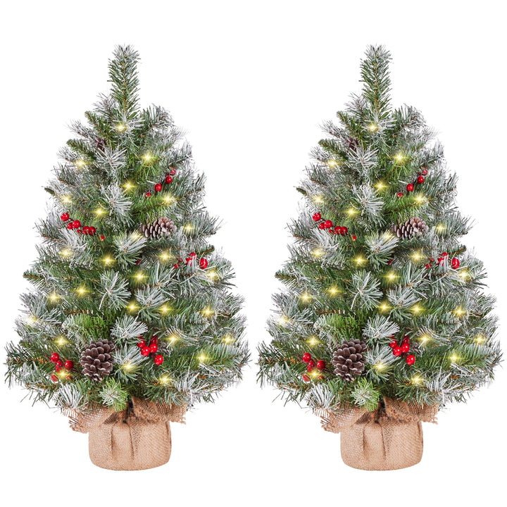 Yaheetech 2 Stück 98 cm Mini Künstlicher Weihnachtsbaum mit Schnee inkl. 50 Warmweiss LED &amp; 70 Roten