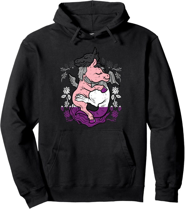Dragon Hugs Unicorn Cute LGBTQ Asexual Flag Ace Pride Ally Pullover Hoodie
