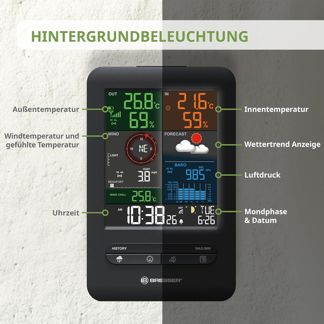 Bresser Wetterstation Funk mit Aussensensor Wetter Center 5-in-1 Beaufort mit grossem Farbdisplay, S