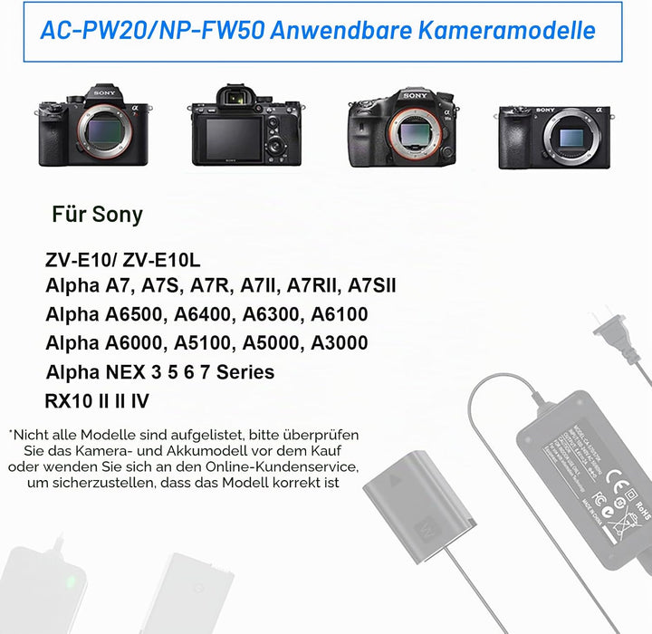 Hisewen AC-PW20 Netzteil NP-FW50 Dummy Akku für Sony Alpha ZV-E10 A6000 A6100 A6300 A6400 A6500 A500