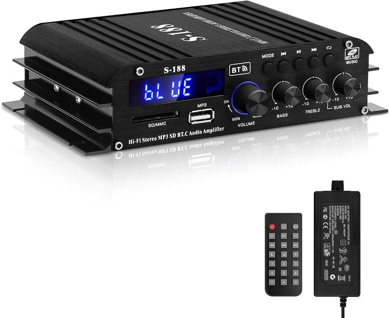 HiFi Verstärker S-188 2.1-Kanal Bluetooth 5.0 Mini Audio Verstärker RMS 40Wx2+50W Max.600W Leistung