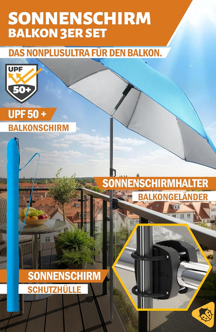 4smile Sonnenschirm Balkon 3-in-1 SET SunnyJoy, Blau - UPF 50+ Sonnenschirm Ø 160 cm + Sonnenschirmh