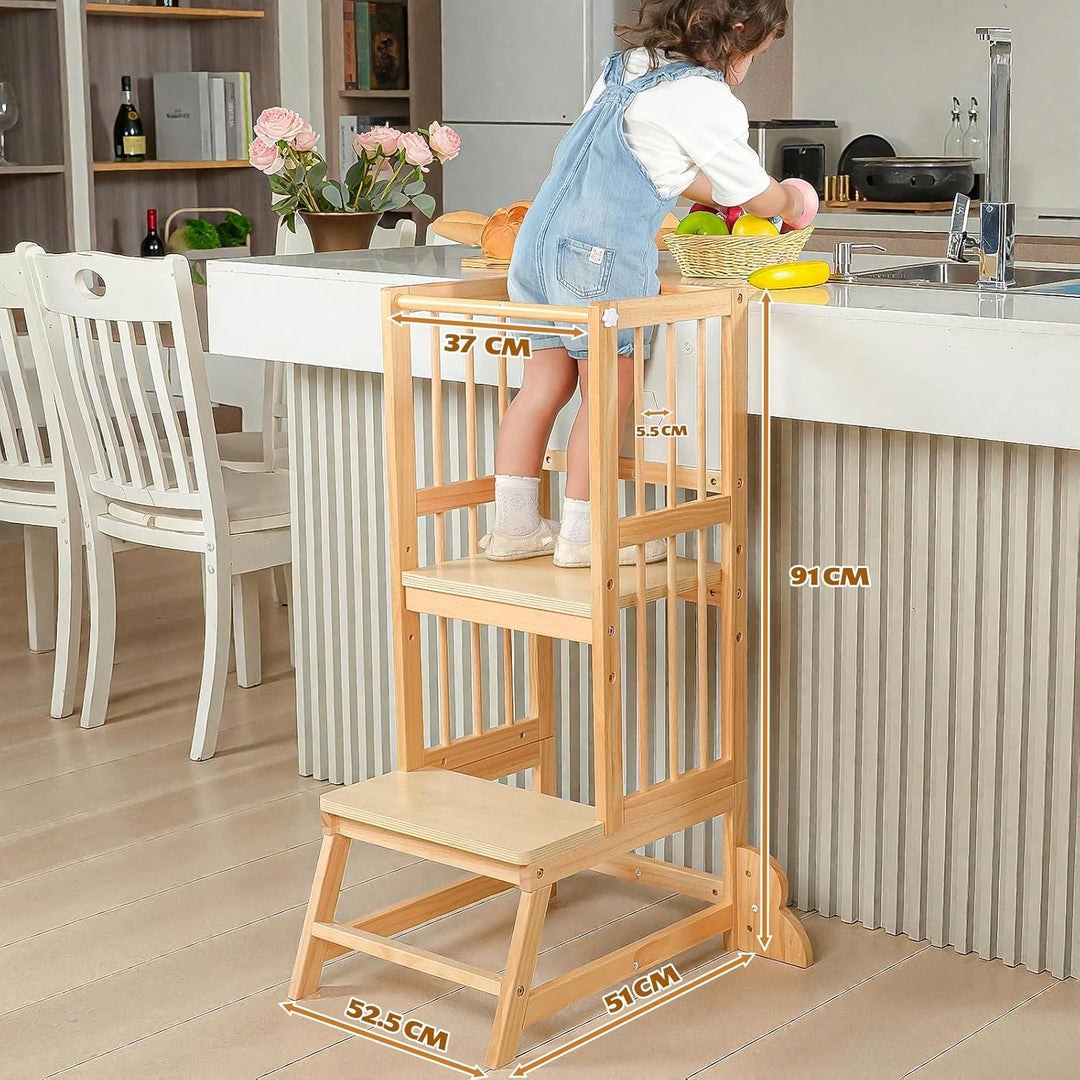 Toddler Tower Kleinkind-Turm, Tritthocker Lernhocker mit Maltafel, Sicherheitszaun & Kippschutz aus