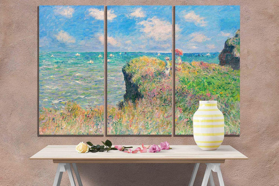 Kunstdruck auf Leinwand, gerahmt, Motiv "The Cliff Walk at Pourville", 50 x 25 cm, 3 Stück 50 x 25cm