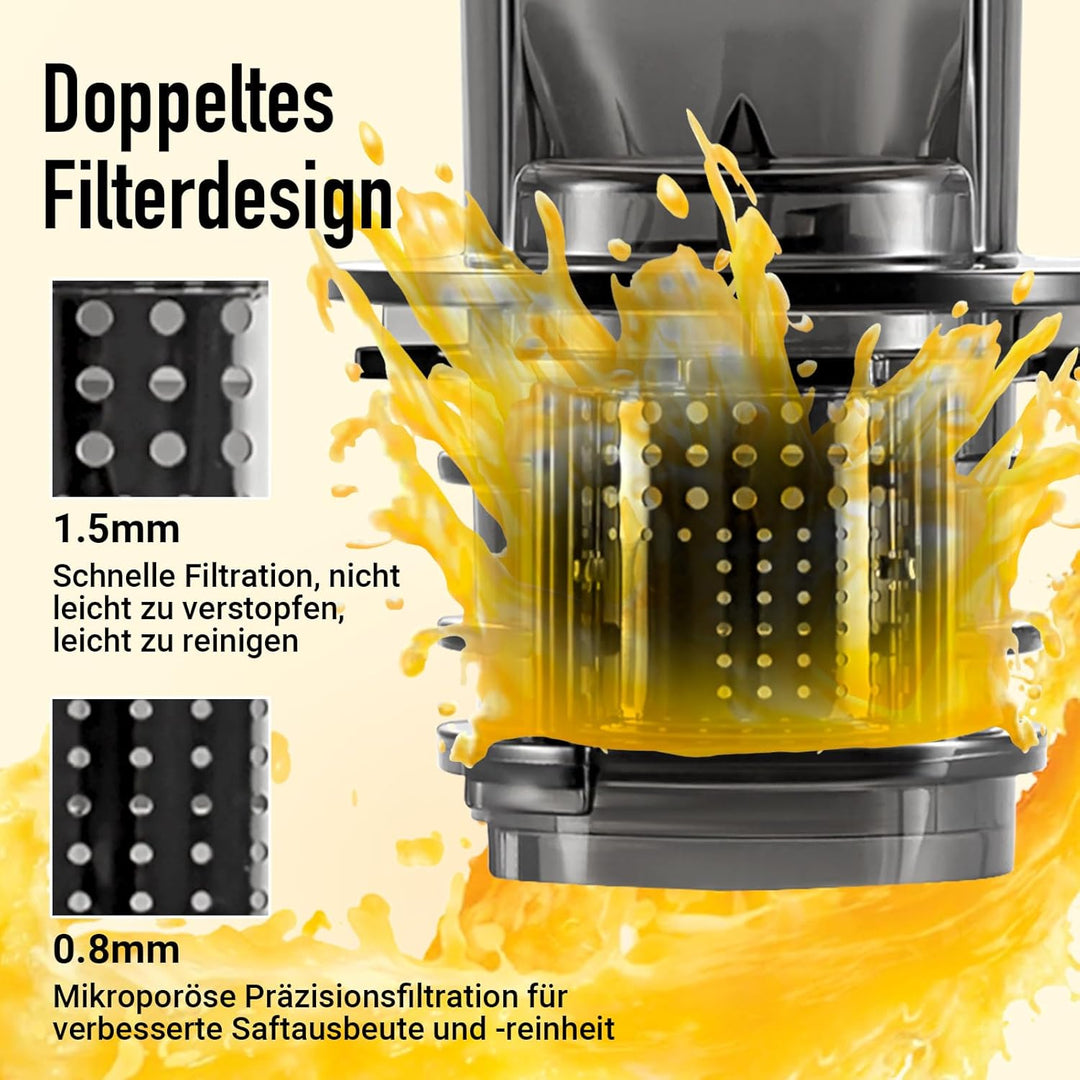 Ventray Ginnie Entsafter | Slow Juicer mit 60 U/min | 45mm Öffnung | Rückwärts Funktion und Zwei Fil