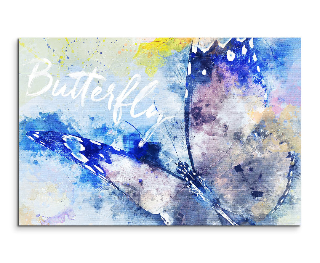 Paul Sinus Art Bild Leinwand 120x80cm Schmetterling im Flug in Blautönen mit Kalligraphie, 120x80cm