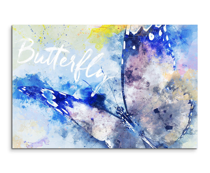 Paul Sinus Art Bild Leinwand 120x80cm Schmetterling im Flug in Blautönen mit Kalligraphie, 120x80cm