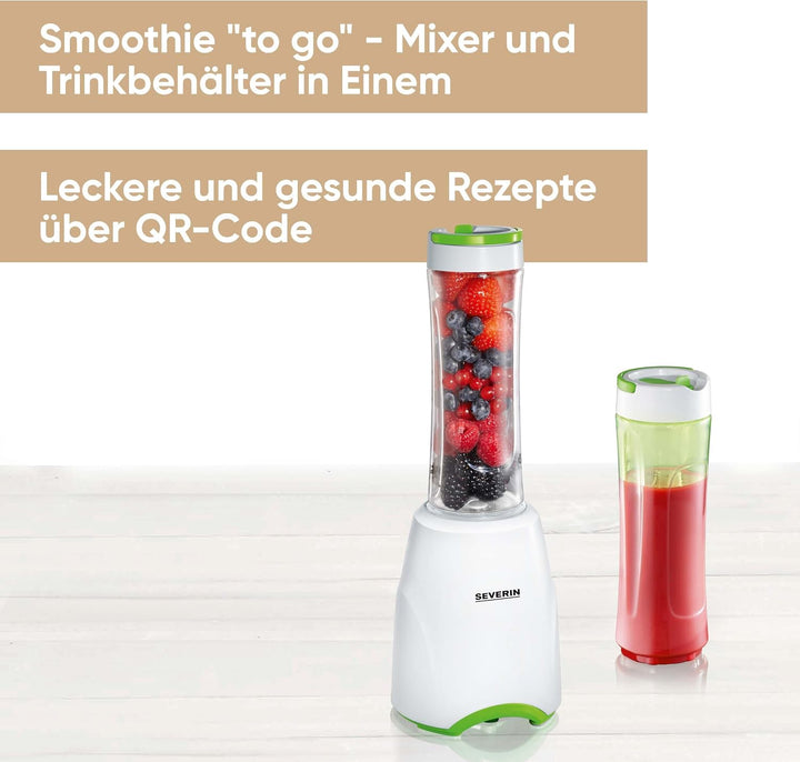 SEVERIN SM 3735 Smoothie Mix &amp; Go (ca. 300 W, 600 ml, Inkl. 2 Trinkbehälter mit Deckel) weiss/grün,