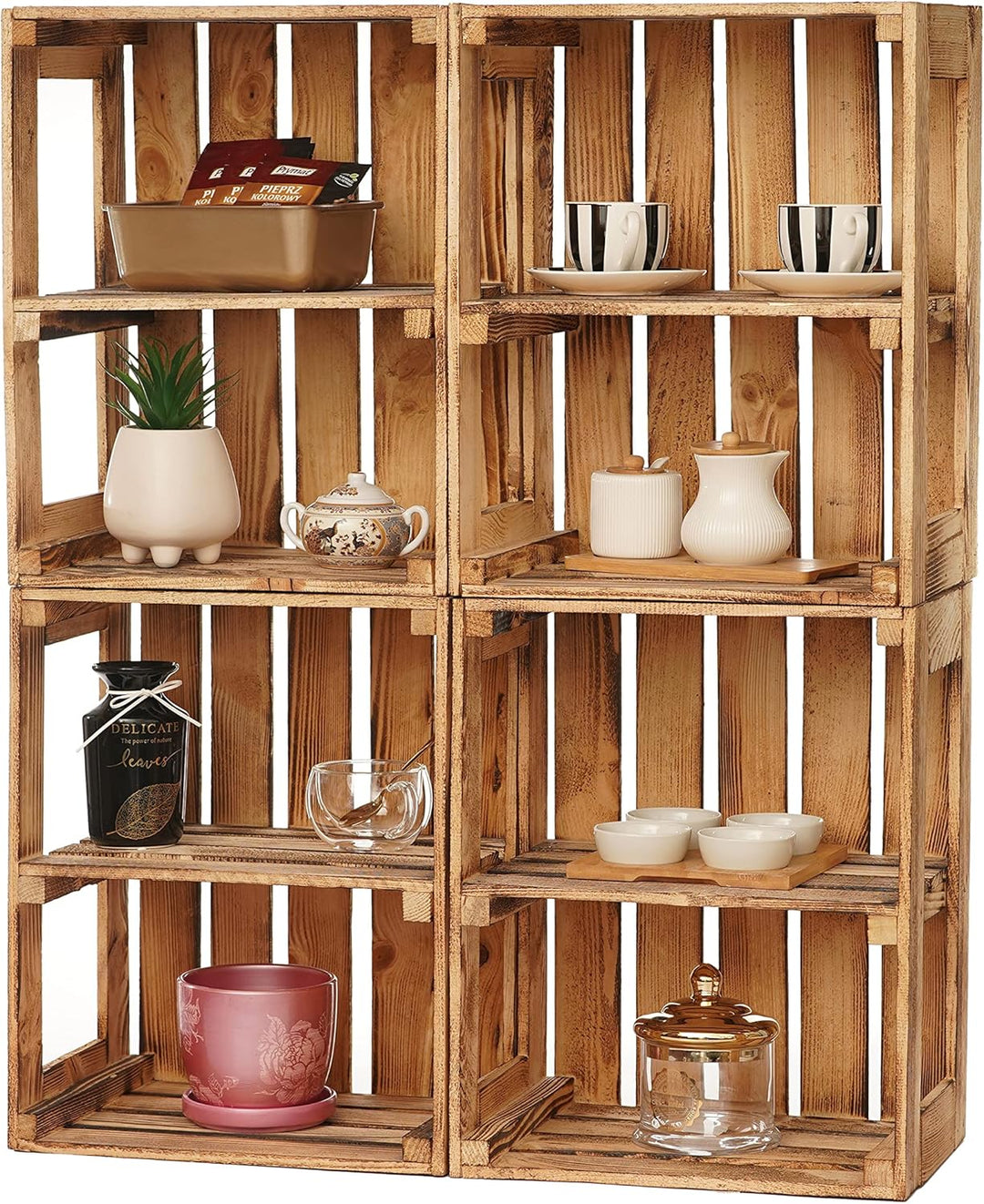 GrandBox Geflammte Holz-Kiste 50x40x30cm 2er Set mit Mittelbrett, Wein-Kiste, Obst-Kiste, Kaminholz-