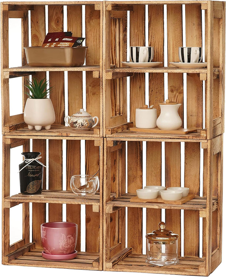 GrandBox Geflammte Holz-Kiste 50x40x30cm 2er Set mit Mittelbrett, Wein-Kiste, Obst-Kiste, Kaminholz-