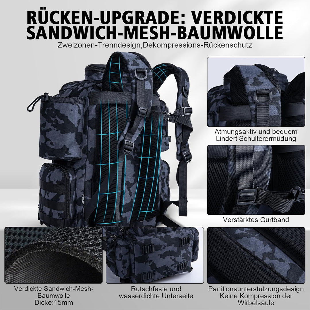 Goture Angelrucksack mit 4 Köderbox Angeln, 45-Liter Angelzubehör-Rucksack mit Zwei Rutenhaltern und