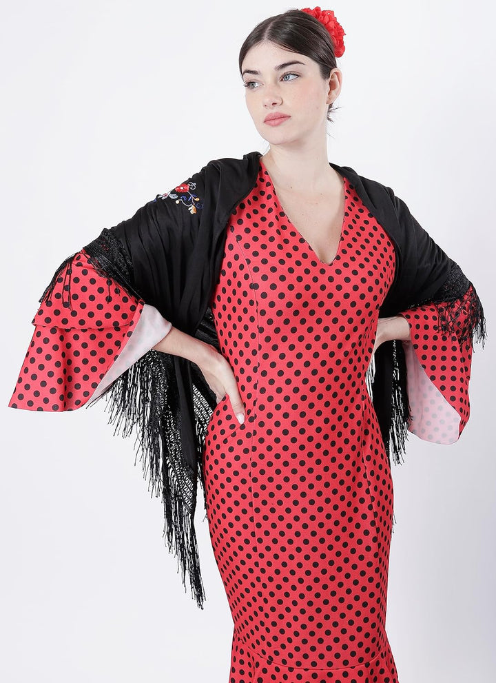 Carnavalife Sevillana Stickerei für Tanzpartys, Flamenco und Ferien, Schwarz / Rot / Weiss, Schwarz