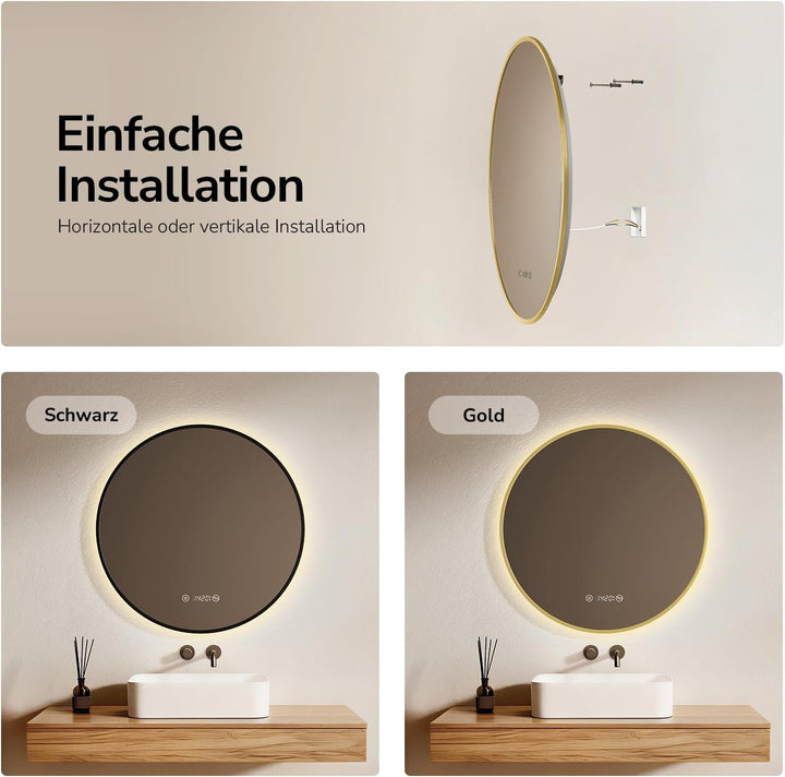 EMKE LED Badspiegel Rund Spiegel mit Beleuchtung ф70cm Gebürstetem Goldrahmen LED Badezimmerspiegel